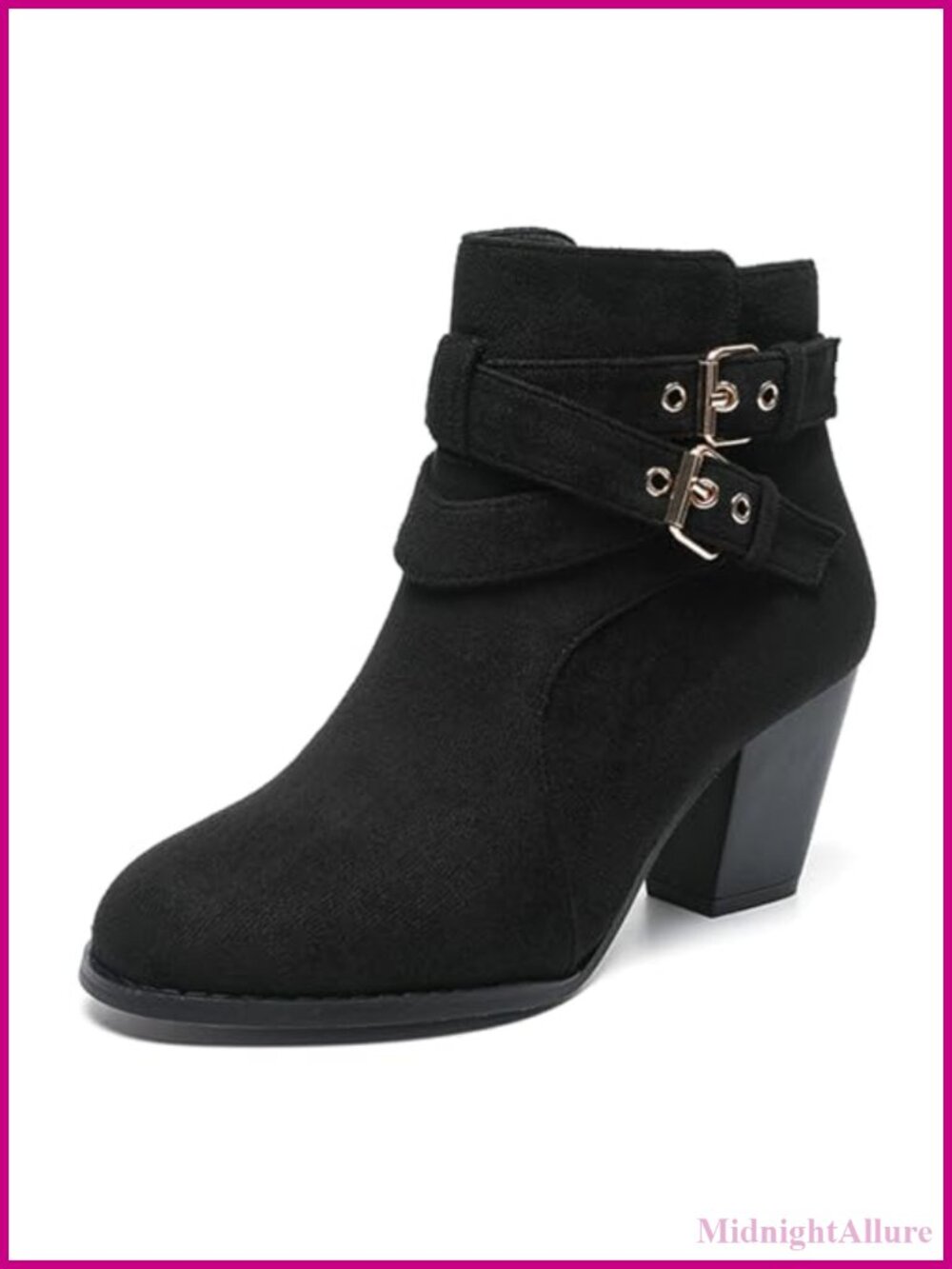 Women's Suede Ankle Boots Chunky Block Heel Double Buckle Side Zip Round Toe